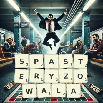 Kreatywna ilustracja do gry w Scrabble ze słowem SPASTERYZOWALA ułożonym z płytek na planszy.