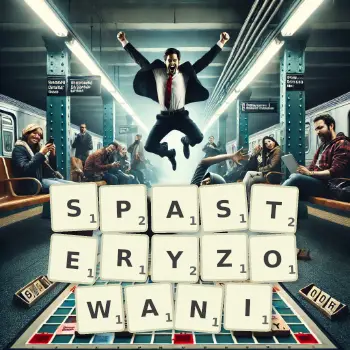 Kreatywna ilustracja do gry w Scrabble ze słowem SPASTERYZOWANI ułożonym z płytek na planszy.