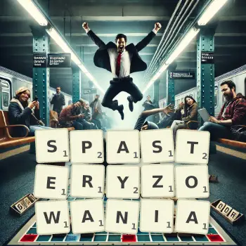 Kreatywna ilustracja do gry w Scrabble ze słowem SPASTERYZOWANIA ułożonym z płytek na planszy.