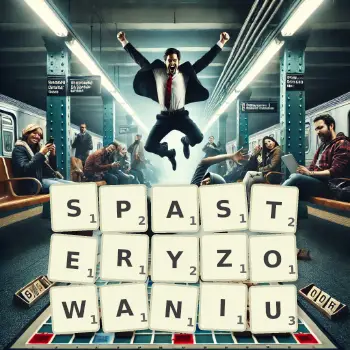 Kreatywna ilustracja do gry w Scrabble ze słowem SPASTERYZOWANIU ułożonym z płytek na planszy.