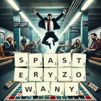 Kreatywna ilustracja do gry w Scrabble ze słowem SPASTERYZOWANY ułożonym z płytek na planszy.