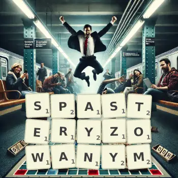 Kreatywna ilustracja do gry w Scrabble ze słowem SPASTERYZOWANYM ułożonym z płytek na planszy.