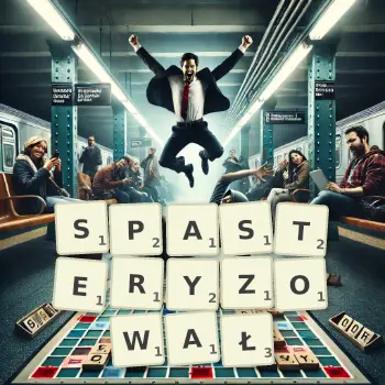 Kreatywna ilustracja do gry w Scrabble ze słowem SPASTERYZOWAŁ ułożonym z płytek na planszy.