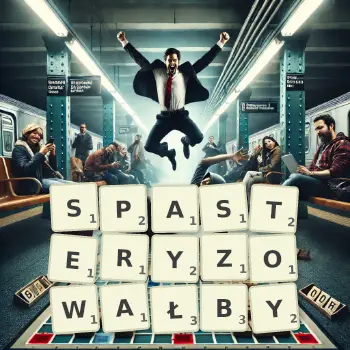 Kreatywna ilustracja do gry w Scrabble ze słowem SPASTERYZOWAŁBY ułożonym z płytek na planszy.