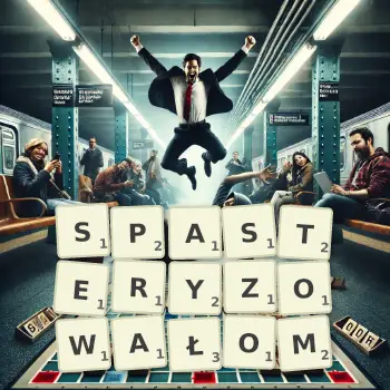 Kreatywna ilustracja do gry w Scrabble ze słowem SPASTERYZOWAŁOM ułożonym z płytek na planszy.