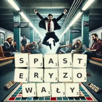 Kreatywna ilustracja do gry w Scrabble ze słowem SPASTERYZOWAŁY ułożonym z płytek na planszy.