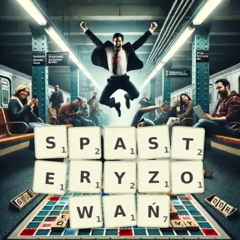 Kreatywna ilustracja do gry w Scrabble ze słowem SPASTERYZOWAŃ ułożonym z płytek na planszy.