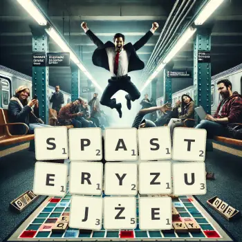 Kreatywna ilustracja do gry w Scrabble ze słowem SPASTERYZUJŻE ułożonym z płytek na planszy.