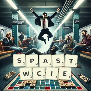 Kreatywna ilustracja do gry w Scrabble ze słowem SPASTWCIE ułożonym z płytek na planszy.