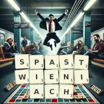 Kreatywna ilustracja do gry w Scrabble ze słowem SPASTWIENIACH ułożonym z płytek na planszy.