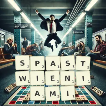 Kreatywna ilustracja do gry w Scrabble ze słowem SPASTWIENIAMI ułożonym z płytek na planszy.