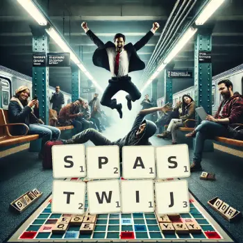 Kreatywna ilustracja do gry w Scrabble ze słowem SPASTWIJ ułożonym z płytek na planszy.