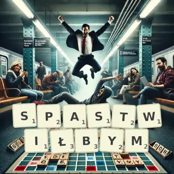 Kreatywna ilustracja do gry w Scrabble ze słowem SPASTWIŁBYM ułożonym z płytek na planszy.