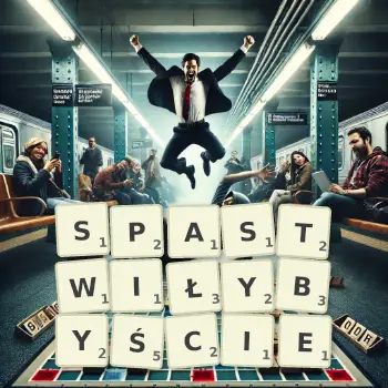Kreatywna ilustracja do gry w Scrabble ze słowem SPASTWIŁYBYŚCIE ułożonym z płytek na planszy.