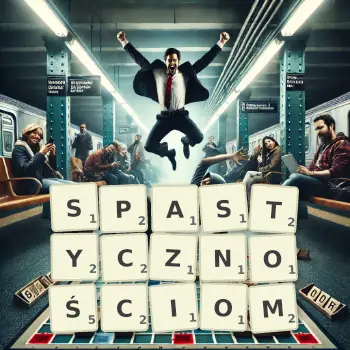Kreatywna ilustracja do gry w Scrabble ze słowem SPASTYCZNOŚCIOM ułożonym z płytek na planszy.