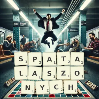 Kreatywna ilustracja do gry w Scrabble ze słowem SPATALASZONYCH ułożonym z płytek na planszy.