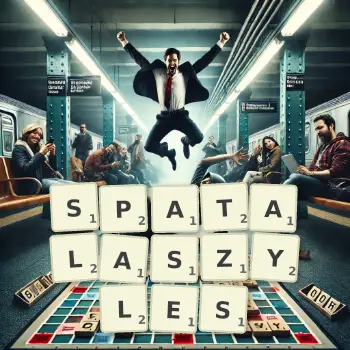 Kreatywna ilustracja do gry w Scrabble ze słowem SPATALASZYLES ułożonym z płytek na planszy.