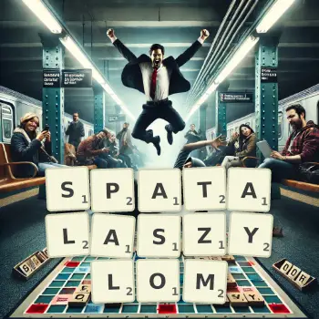 Kreatywna ilustracja do gry w Scrabble ze słowem SPATALASZYLOM ułożonym z płytek na planszy.