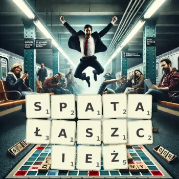 Kreatywna ilustracja do gry w Scrabble ze słowem SPATAŁASZCIEŻ ułożonym z płytek na planszy.