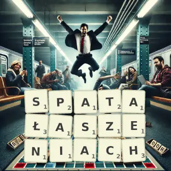 Kreatywna ilustracja do gry w Scrabble ze słowem SPATAŁASZENIACH ułożonym z płytek na planszy.