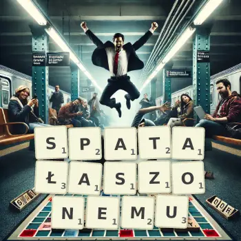 Kreatywna ilustracja do gry w Scrabble ze słowem SPATAŁASZONEMU ułożonym z płytek na planszy.