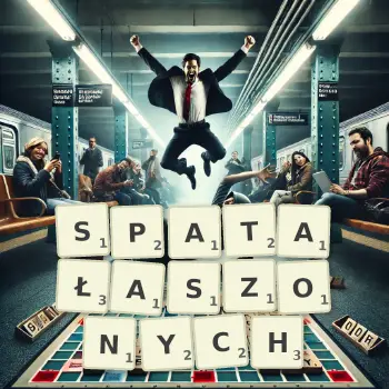 Kreatywna ilustracja do gry w Scrabble ze słowem SPATAŁASZONYCH ułożonym z płytek na planszy.