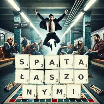 Kreatywna ilustracja do gry w Scrabble ze słowem SPATAŁASZONYMI ułożonym z płytek na planszy.