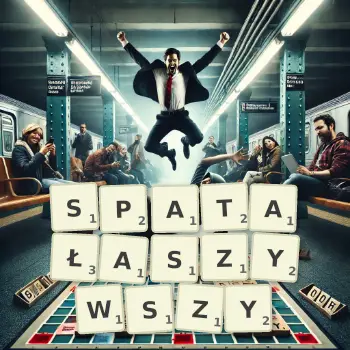 Kreatywna ilustracja do gry w Scrabble ze słowem SPATAŁASZYWSZY ułożonym z płytek na planszy.