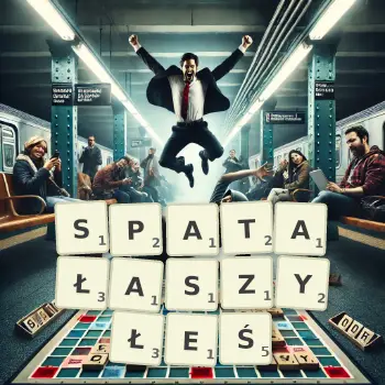 Kreatywna ilustracja do gry w Scrabble ze słowem SPATAŁASZYŁEŚ ułożonym z płytek na planszy.
