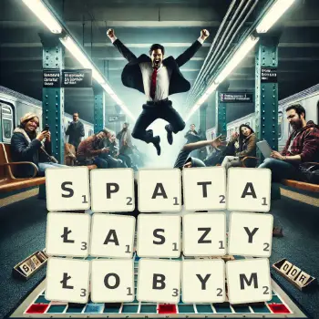 Kreatywna ilustracja do gry w Scrabble ze słowem SPATAŁASZYŁOBYM ułożonym z płytek na planszy.