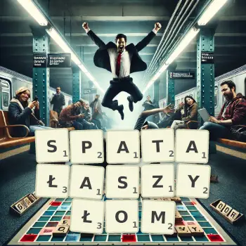 Kreatywna ilustracja do gry w Scrabble ze słowem SPATAŁASZYŁOM ułożonym z płytek na planszy.