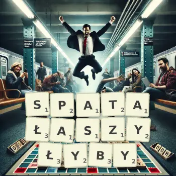 Kreatywna ilustracja do gry w Scrabble ze słowem SPATAŁASZYŁYBY ułożonym z płytek na planszy.