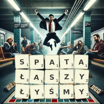 Kreatywna ilustracja do gry w Scrabble ze słowem SPATAŁASZYŁYŚMY ułożonym z płytek na planszy.