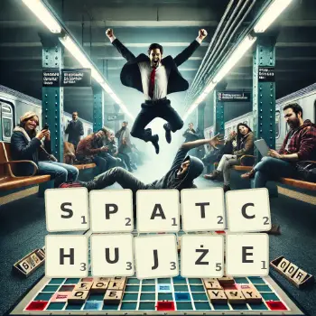 Kreatywna ilustracja do gry w Scrabble ze słowem SPATCHUJŻE ułożonym z płytek na planszy.