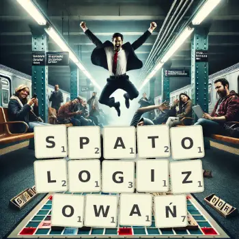 Kreatywna ilustracja do gry w Scrabble ze słowem SPATOLOGIZOWAŃ ułożonym z płytek na planszy.