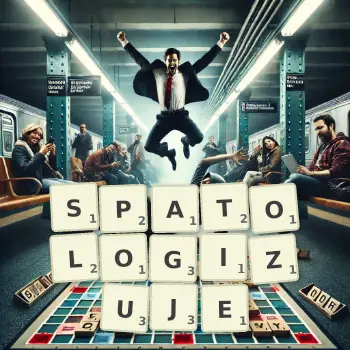 Kreatywna ilustracja do gry w Scrabble ze słowem SPATOLOGIZUJE ułożonym z płytek na planszy.