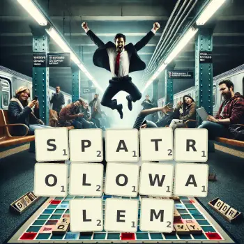 Kreatywna ilustracja do gry w Scrabble ze słowem SPATROLOWALEM ułożonym z płytek na planszy.