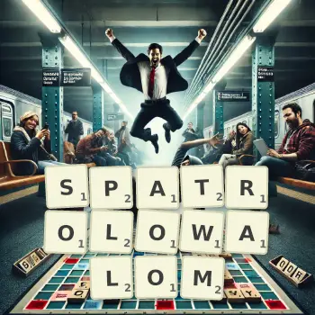 Kreatywna ilustracja do gry w Scrabble ze słowem SPATROLOWALOM ułożonym z płytek na planszy.