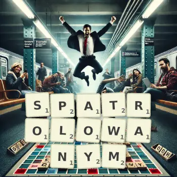 Kreatywna ilustracja do gry w Scrabble ze słowem SPATROLOWANYM ułożonym z płytek na planszy.