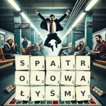 Kreatywna ilustracja do gry w Scrabble ze słowem SPATROLOWAŁYŚMY ułożonym z płytek na planszy.