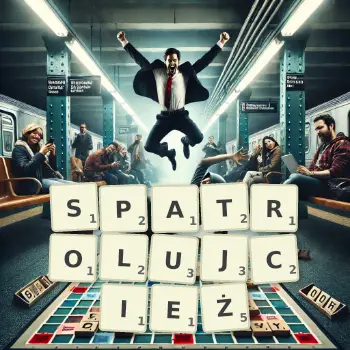 Kreatywna ilustracja do gry w Scrabble ze słowem SPATROLUJCIEŻ ułożonym z płytek na planszy.