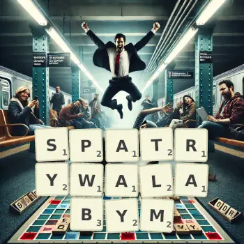 Kreatywna ilustracja do gry w Scrabble ze słowem SPATRYWALABYM ułożonym z płytek na planszy.