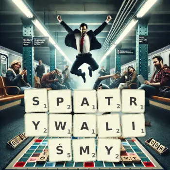 Kreatywna ilustracja do gry w Scrabble ze słowem SPATRYWALIŚMY ułożonym z płytek na planszy.