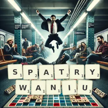 Kreatywna ilustracja do gry w Scrabble ze słowem SPATRYWANIU ułożonym z płytek na planszy.