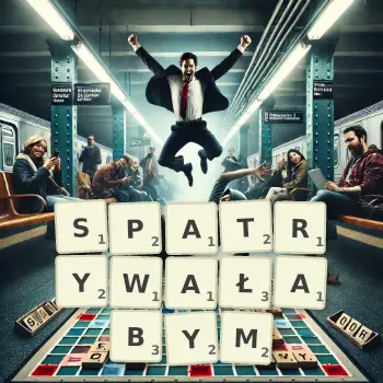 Kreatywna ilustracja do gry w Scrabble ze słowem SPATRYWAŁABYM ułożonym z płytek na planszy.