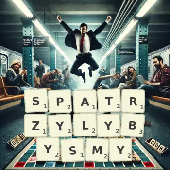 Kreatywna ilustracja do gry w Scrabble ze słowem SPATRZYLYBYSMY ułożonym z płytek na planszy.