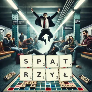 Kreatywna ilustracja do gry w Scrabble ze słowem SPATRZYŁ ułożonym z płytek na planszy.