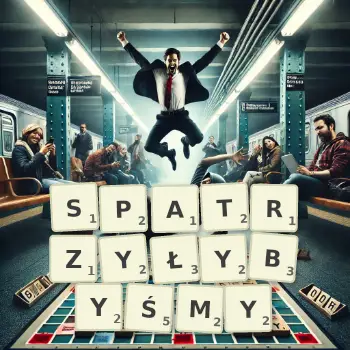 Kreatywna ilustracja do gry w Scrabble ze słowem SPATRZYŁYBYŚMY ułożonym z płytek na planszy.