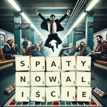 Kreatywna ilustracja do gry w Scrabble ze słowem SPATYNOWALIŚCIE ułożonym z płytek na planszy.