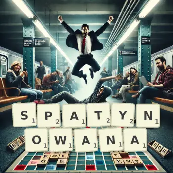 Kreatywna ilustracja do gry w Scrabble ze słowem SPATYNOWANA ułożonym z płytek na planszy.